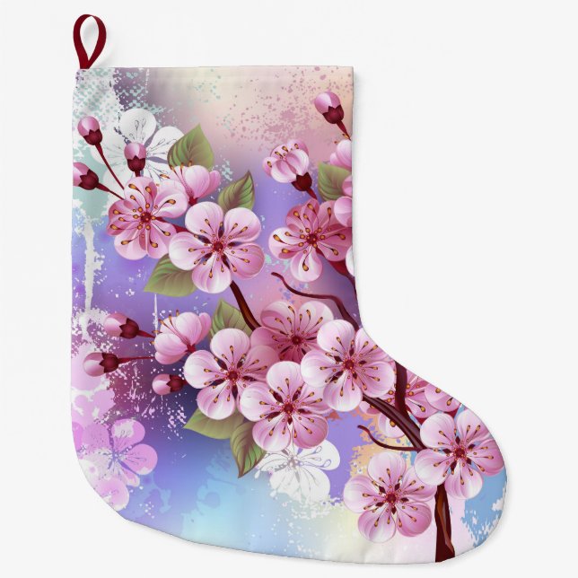 Pink Sakura on Painting Background Large Christmas Stocking (Front)