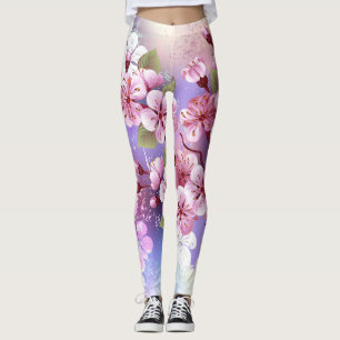 Pink Sakura on Painting Background Leggings