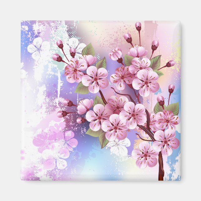 Pink Sakura on Painting Background Magnet (Front)