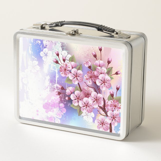 Pink Sakura on Painting Background Metal Lunch Box (Front)