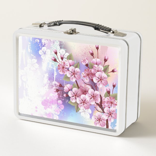 Pink Sakura on Painting Background Metal Lunch Box (Front)