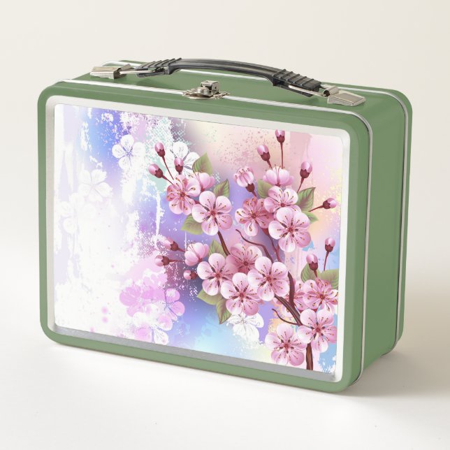 Pink Sakura on Painting Background Metal Lunch Box (Front)