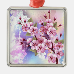 Pink Sakura on Painting Background Metal Tree Decoration