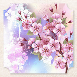 Pink Sakura on Painting Background Paper Coaster