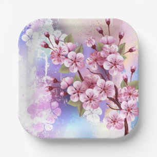 Pink Sakura on Painting Background Paper Plate
