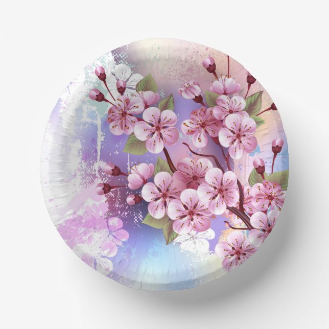 Pink Sakura on Painting Background Paper Plate (Front)