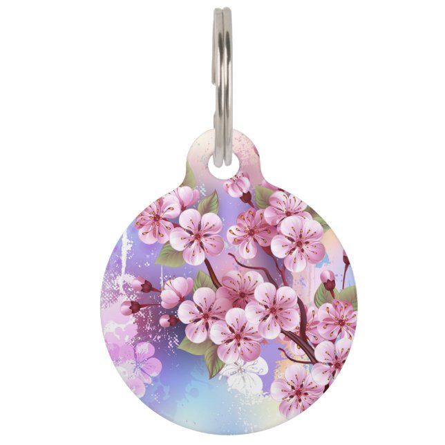 Pink Sakura on Painting Background Pet Tag (Front)