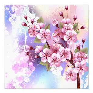 Pink Sakura on Painting Background Photo Print