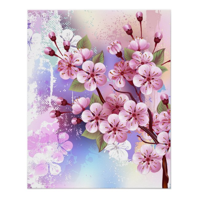 Pink Sakura on Painting Background Poster (Front)