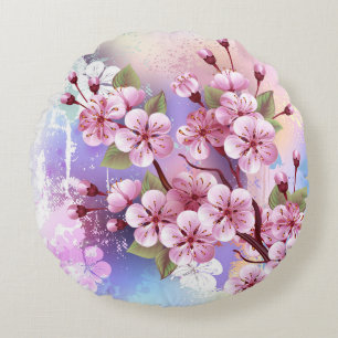 Pink Sakura on Painting Background Round Cushion