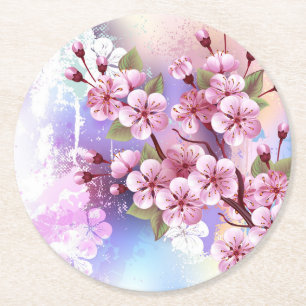 Pink Sakura on Painting Background Round Paper Coaster