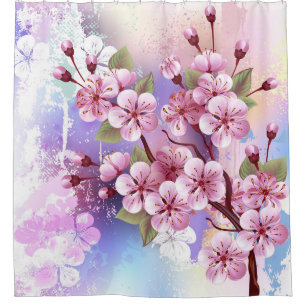 Pink Sakura on Painting Background Shower Curtain