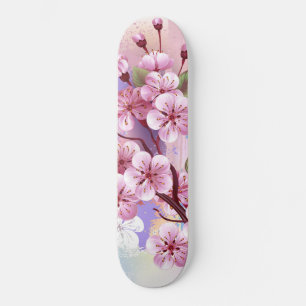 Pink Sakura on Painting Background Skateboard