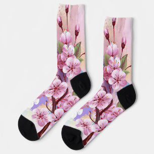 Pink Sakura on Painting Background Socks