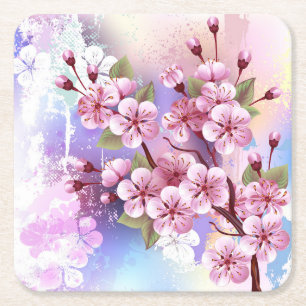 Pink Sakura on Painting Background Square Paper Coaster
