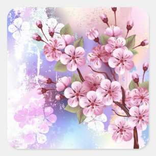 Pink Sakura on Painting Background Square Sticker