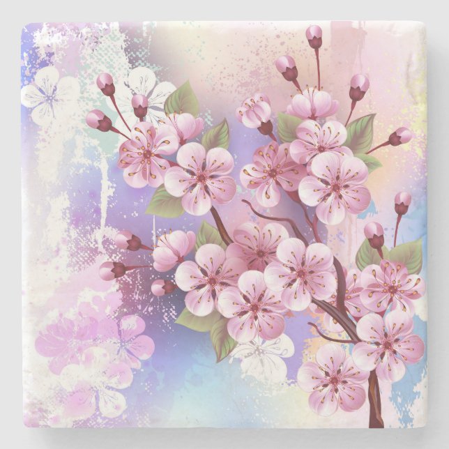 Pink Sakura on Painting Background Stone Coaster (Front)