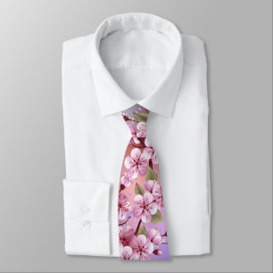 Pink Sakura on Painting Background Tie