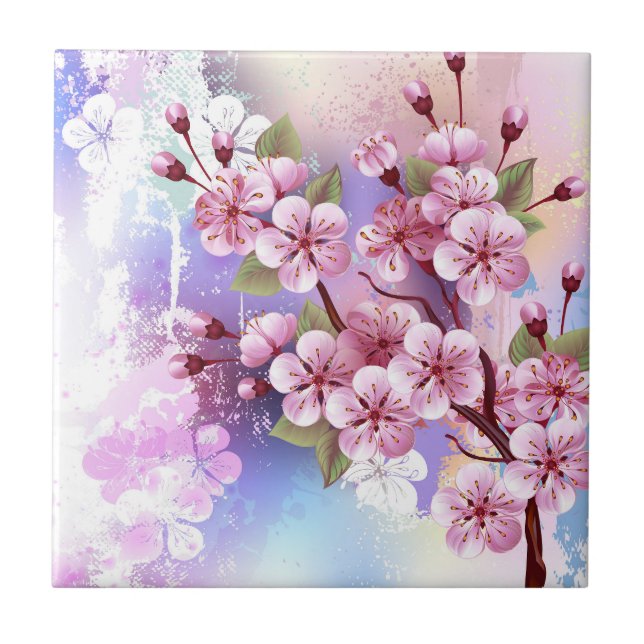 Pink Sakura on Painting Background Tile (Front)