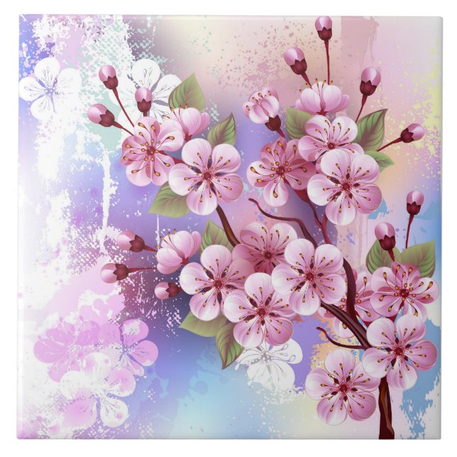 Pink Sakura on Painting Background Tile (Front)