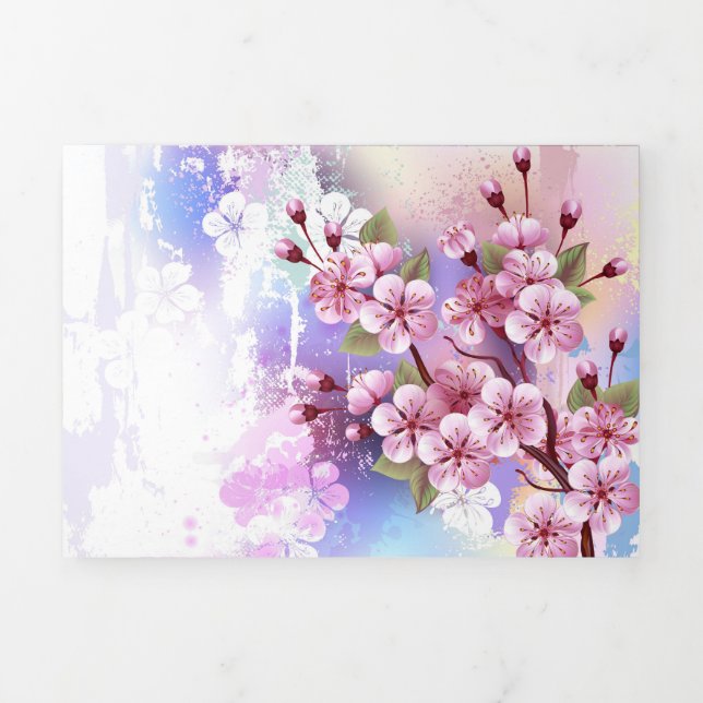 Pink Sakura on Painting Background Tri-Fold Holiday Card (Cover)