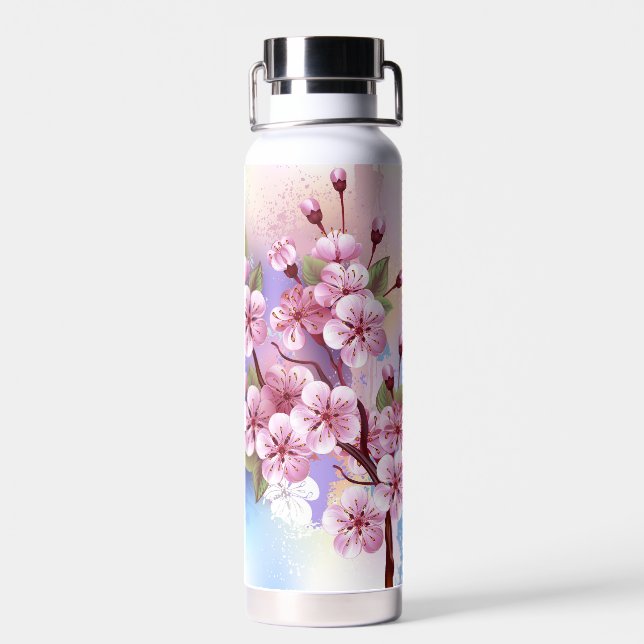 Pink Sakura on Painting Background Water Bottle (Back)