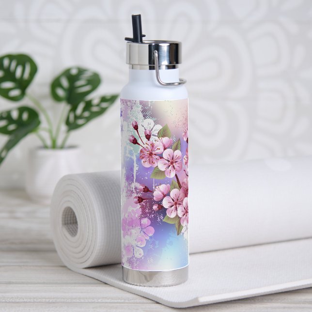 Pink Sakura on Painting Background Water Bottle (Yoga)