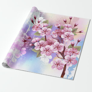 Pink Sakura on Painting Background Wrapping Paper