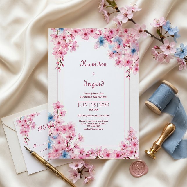 Pink Sakura Periwinkle Blue Romantic Frame Wedding Invitation (Creator Uploaded)