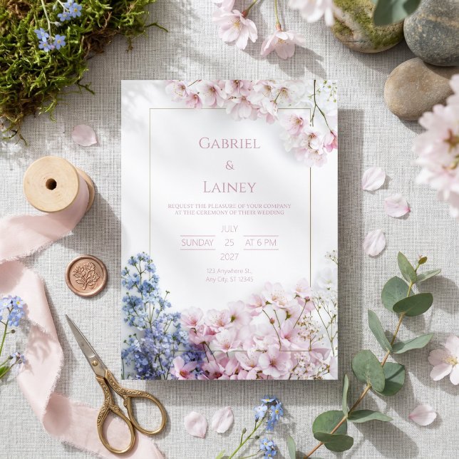Pink Sakura Teal Leaf Gold Frame Wreath Wedding Invitation (Creator Uploaded)