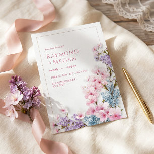 Pink Sakura White Plaster Botanical Border Wedding Invitation