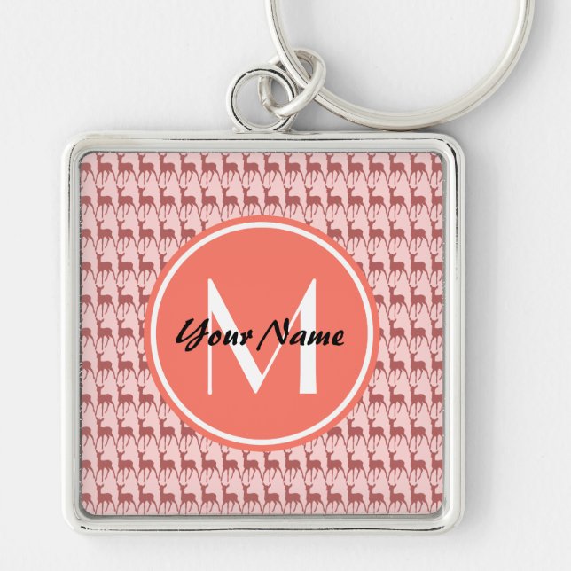 Pink Salmon Deer, Custom Monogram, Personalised Key Ring (Front)