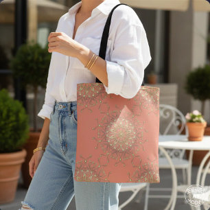 Pink Salmon & Gold Filigree Mandala With Diamonds Tote Bag