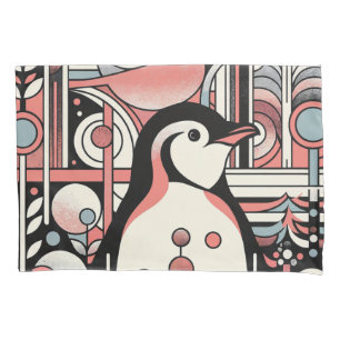 Pink Salmon Penguin Art In Geometry Retro Pastel Pillowcase