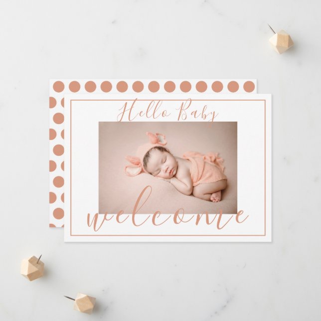 Pink Salmon Welcome Hello Baby Photo Birth Announcement (Front/Back In Situ)