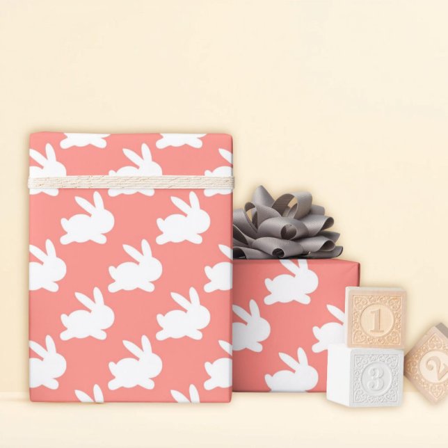 Pink Salmon White Rabbit Running  Wrapping Paper (Creator Uploaded)