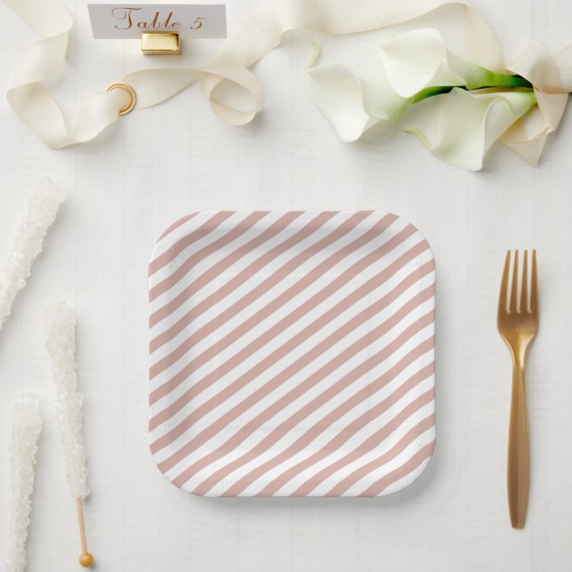 Pink Sand Colour Diagonal Stripes Striped Wedding Paper Plate (Wedding)