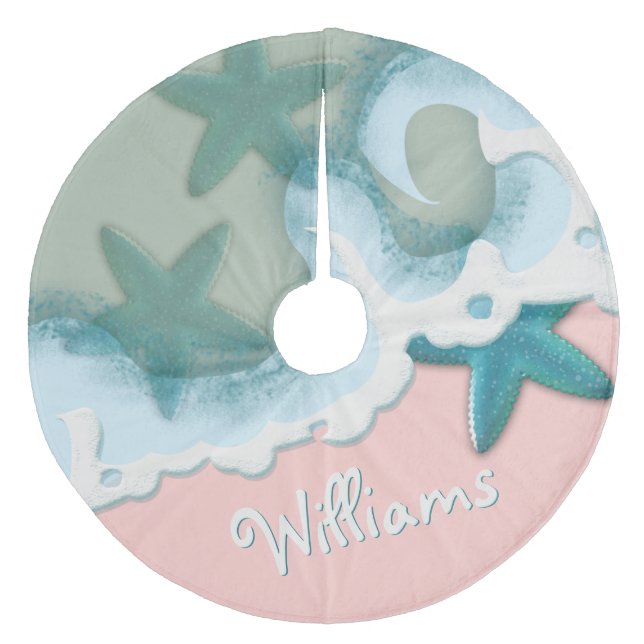 Pink Sand Green Sea Water Teal Starfish Coastal Fleece Tree Skirt (Front)