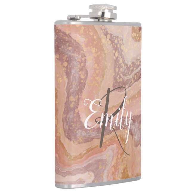 Pink Sandstone Agate Marble Abstract Name Monogram Hip Flask (Right)