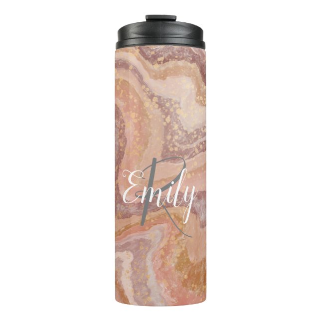 Pink Sandstone Agate Marble Abstract Name Monogram Thermal Tumbler (Front)