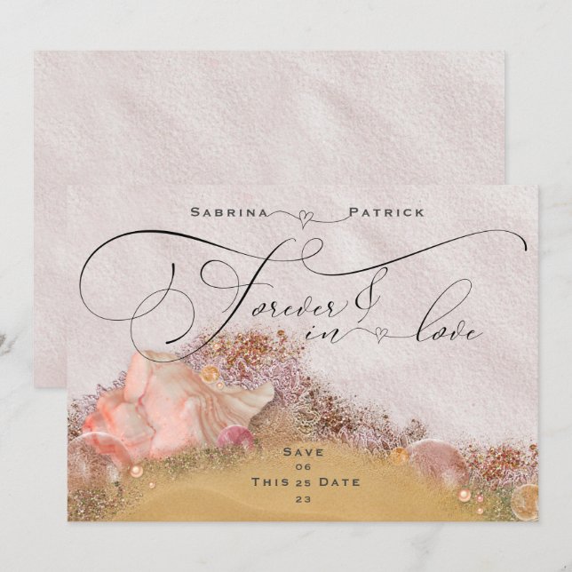 Pink Sandy Beach Seashells  Forever in Love Invitation (Front/Back)