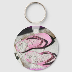 Pink sandy flip flop sandals on Florida beach Key Ring