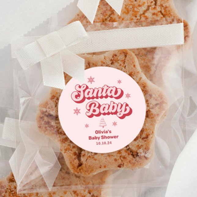 Pink Santa Baby Baby Shower Favour Classic Round Sticker (Creator Uploaded)