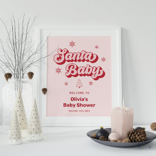 Pink Santa Baby Christmas Baby Shower Welcome Poster