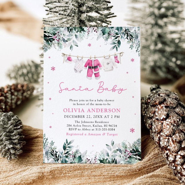 Pink Santa Baby Christmas Clothesline Baby Shower Invitation (Creator Uploaded)