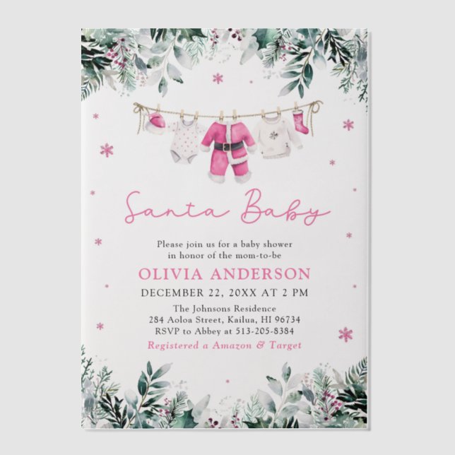 Pink Santa Baby Christmas Clothesline Baby Shower Vellum Invitations (Front)