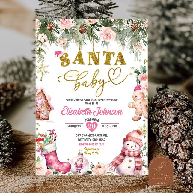 Pink Santa Baby Floral Christmas Baby Shower Invitation (Creator Uploaded)