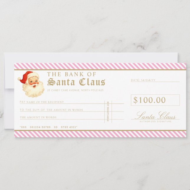 Pink Santa Cheque Gift Voucher Card (Front)