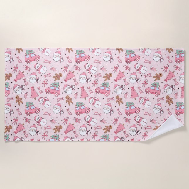 Pink santa christmas beach towel (Front)