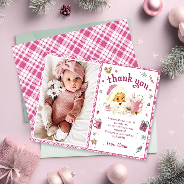 Pink Santa Christmas Birthday Photo Thank You Card (Creator Uploaded)